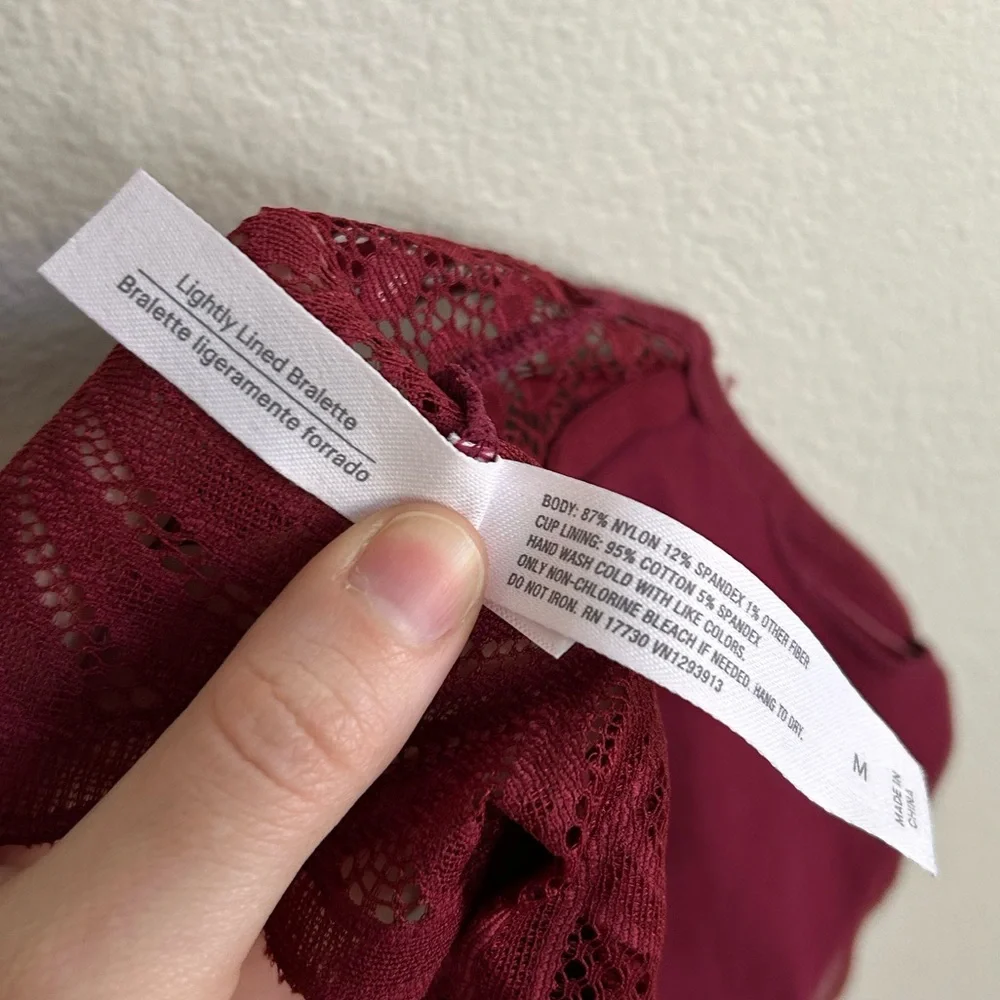 Auden Lightly Lined Lace Bralette Bra Removable Padding Burgundy Size M Medium